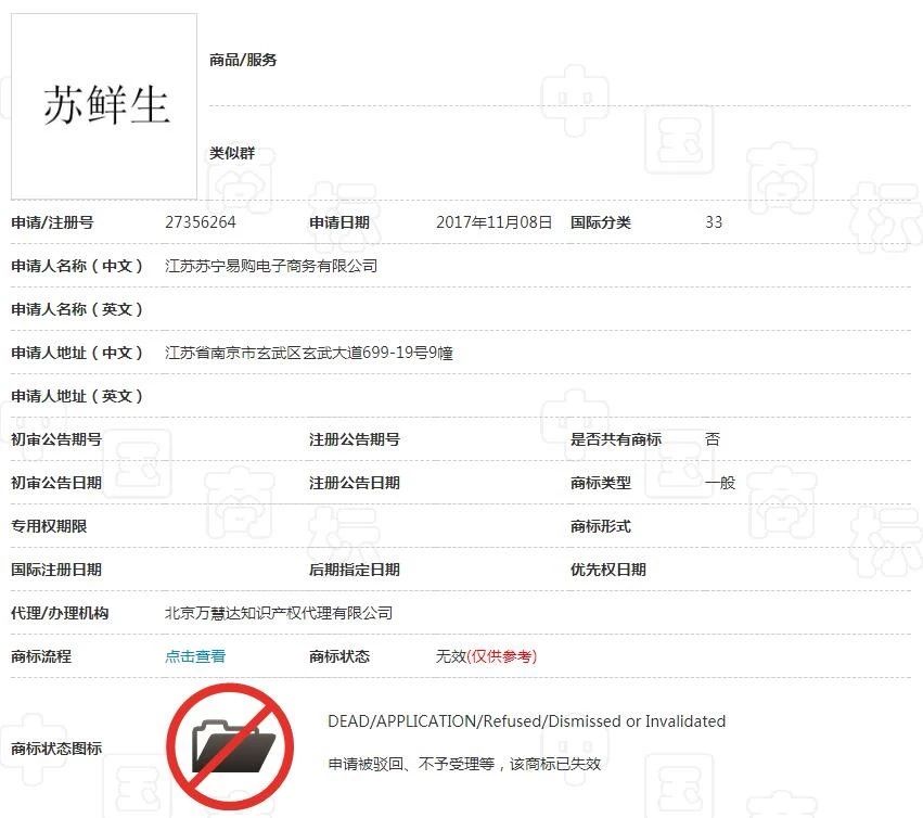 苏宁布局新零售遇阻，6件“苏鲜生”商标惨遭驳回！