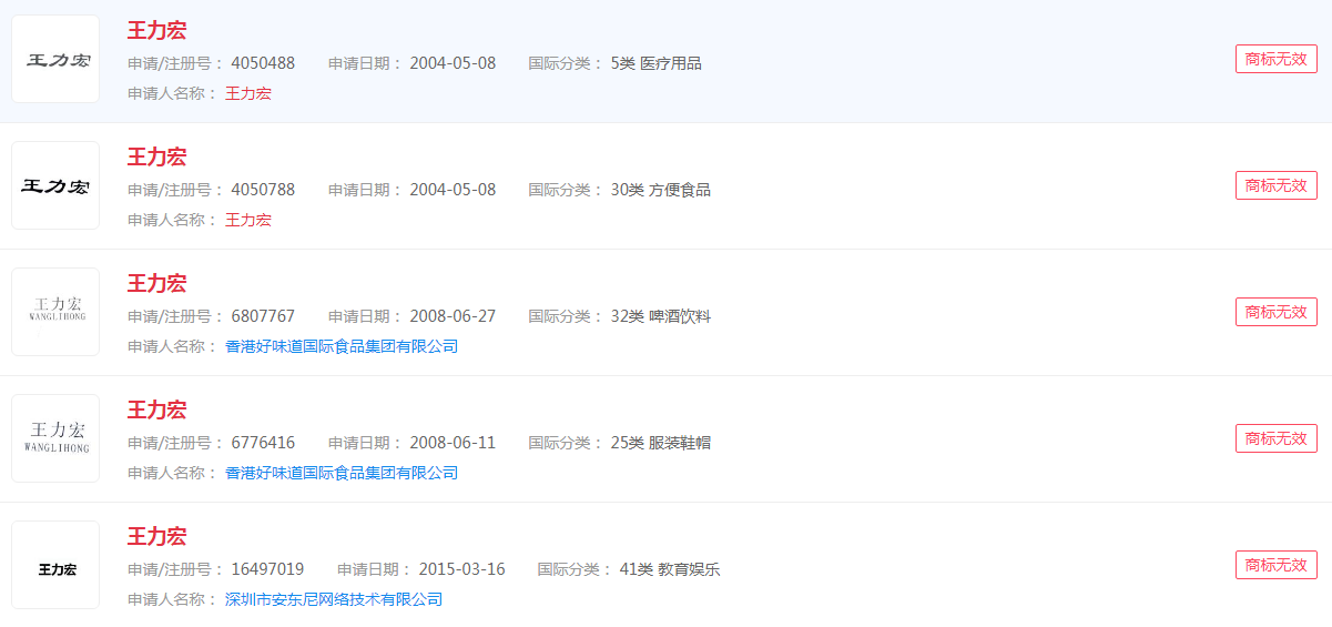 申请“王力宏”商标注册，状态显示无效