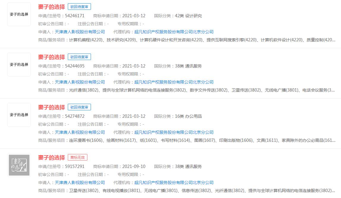 电视剧“妻子的选择”商标被驳回