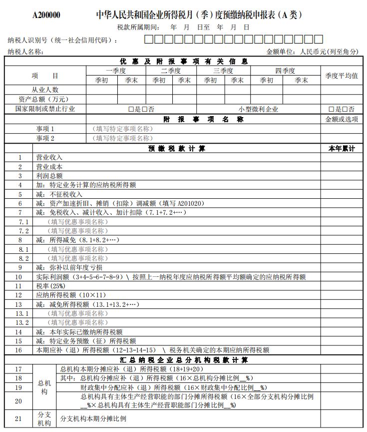 企业所得税季度申报表A类怎么填写(企业所得税申报表填报说明)