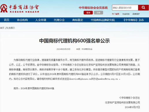  世誉鑫诚知识产权荣获“2023年中国商标代理机构600强”